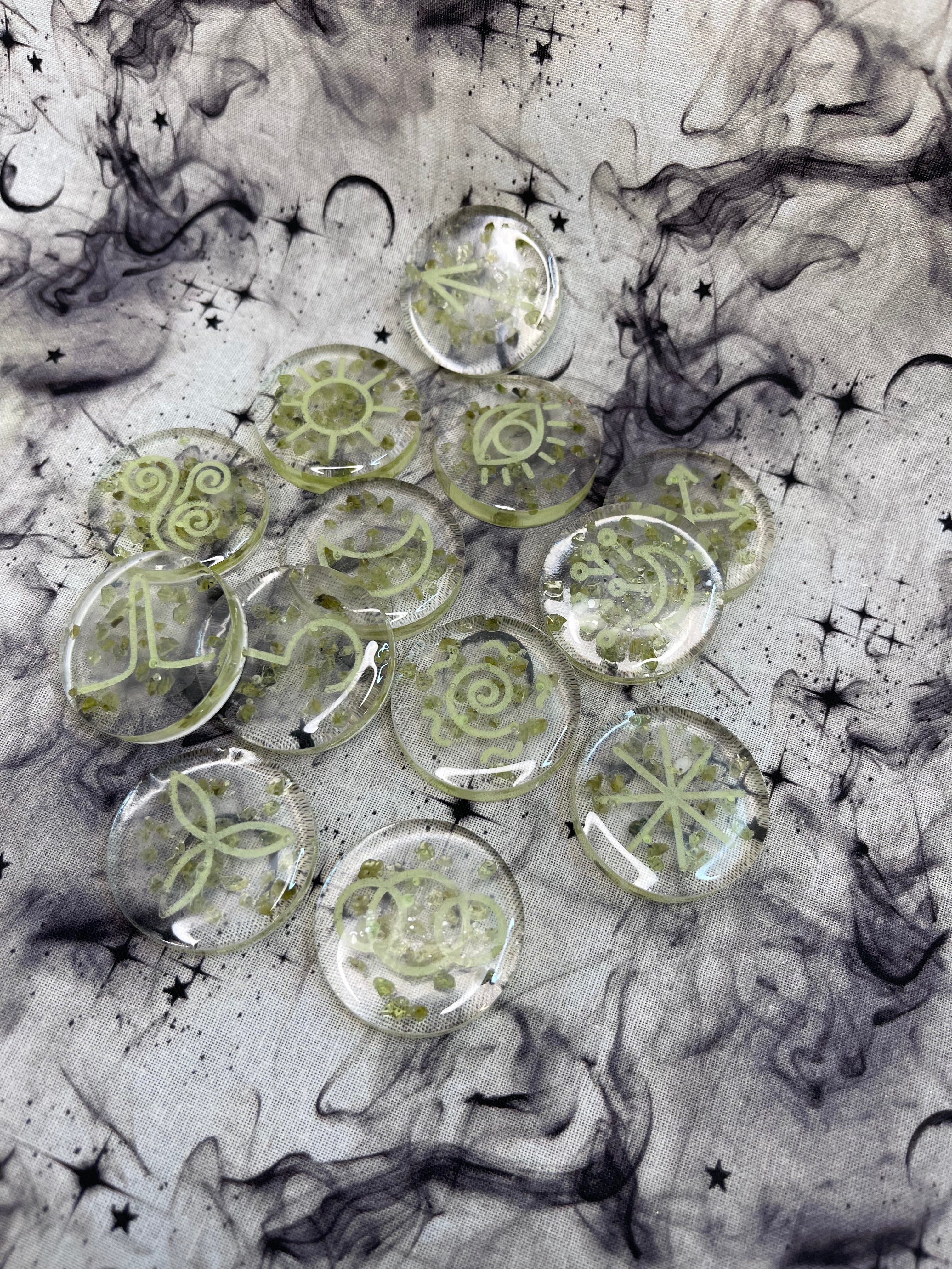 Witch's Runes with Peridot Crystal Chips