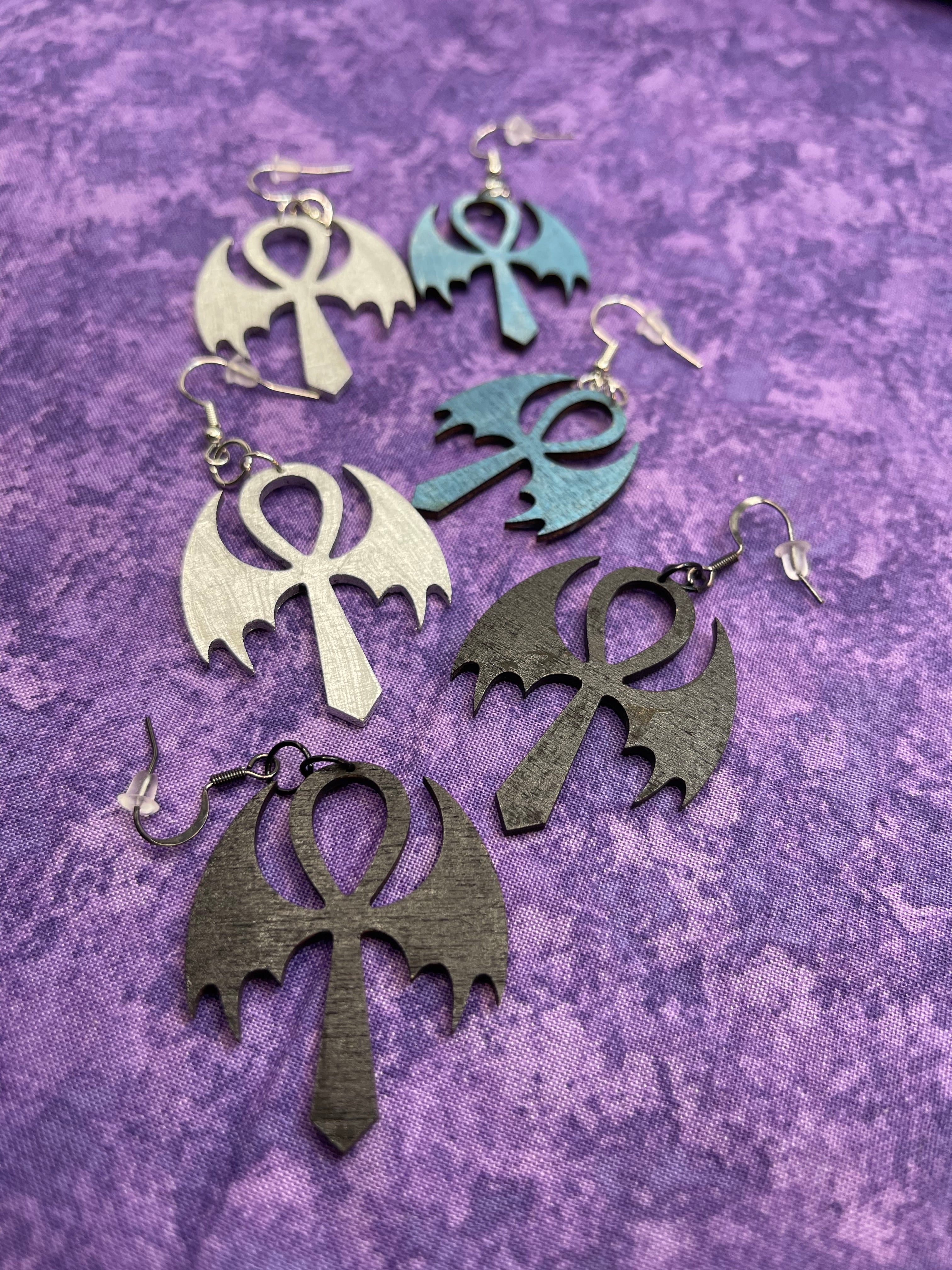 Ankh With Bat Wings Earrings