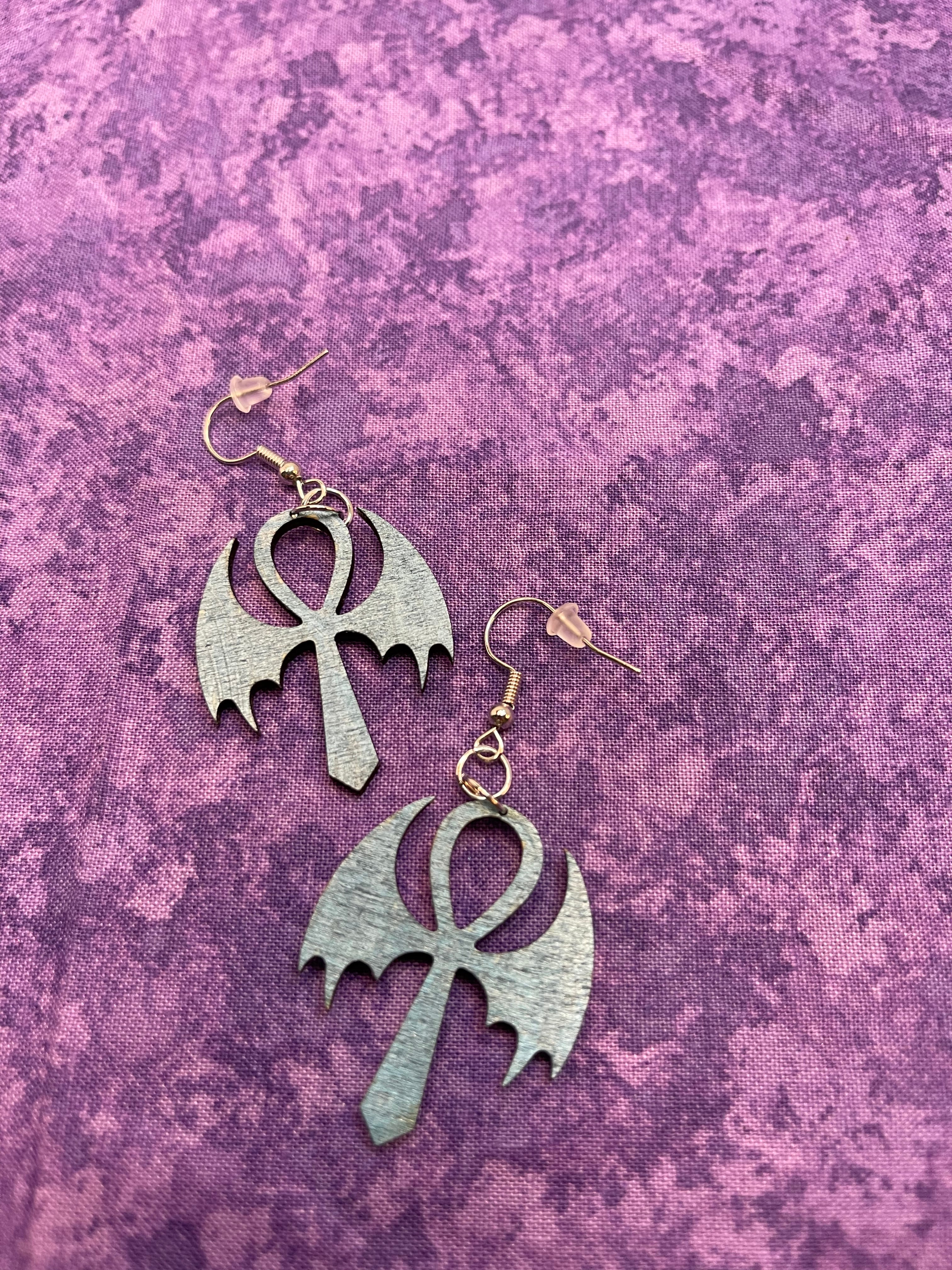 Ankh With Bat Wings Earrings
