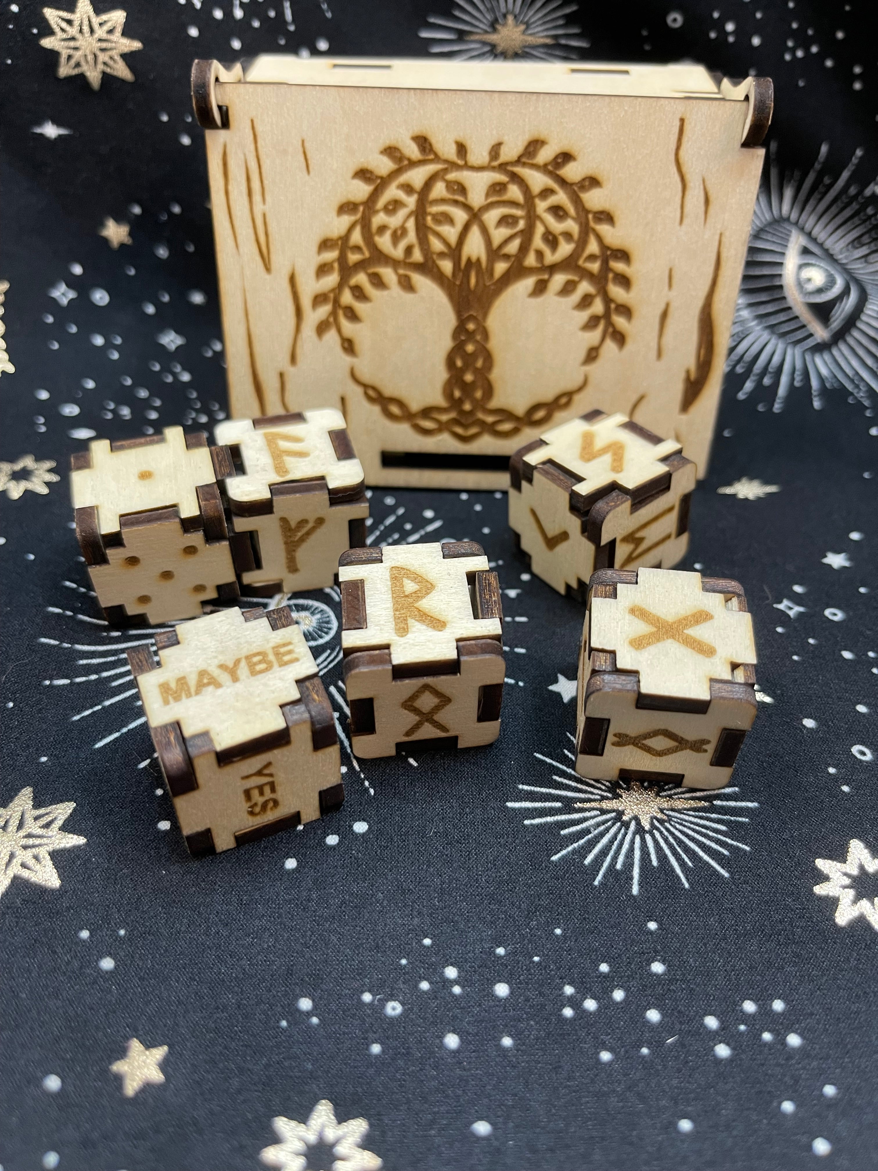 Wooden Rune Dice With Storage Box