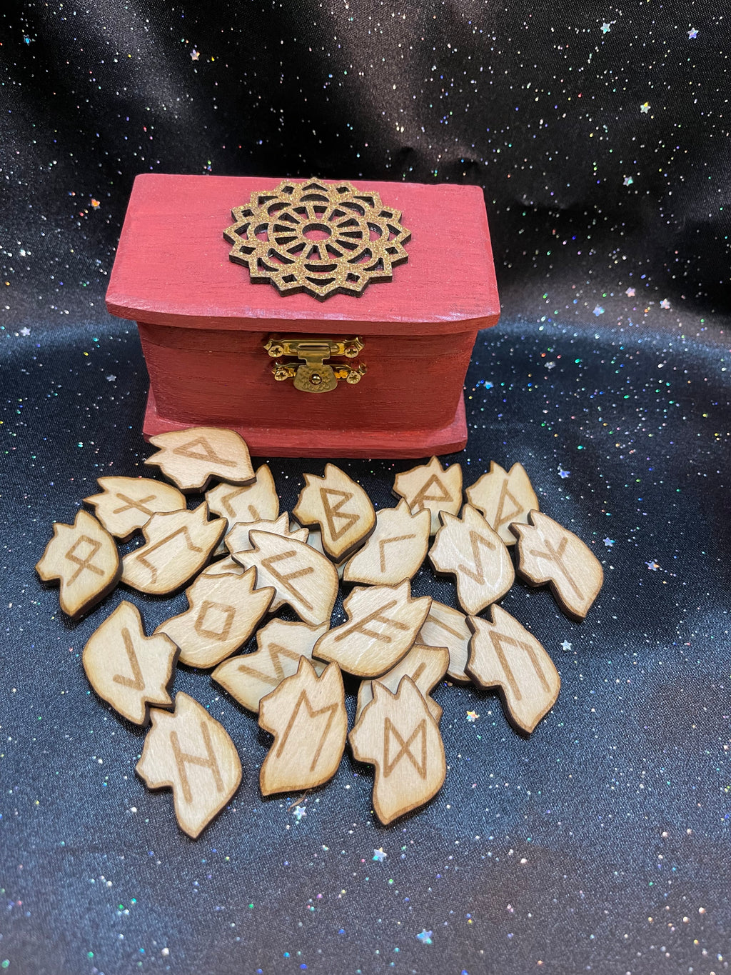 Wooden Cat Silhouette Runes With Box